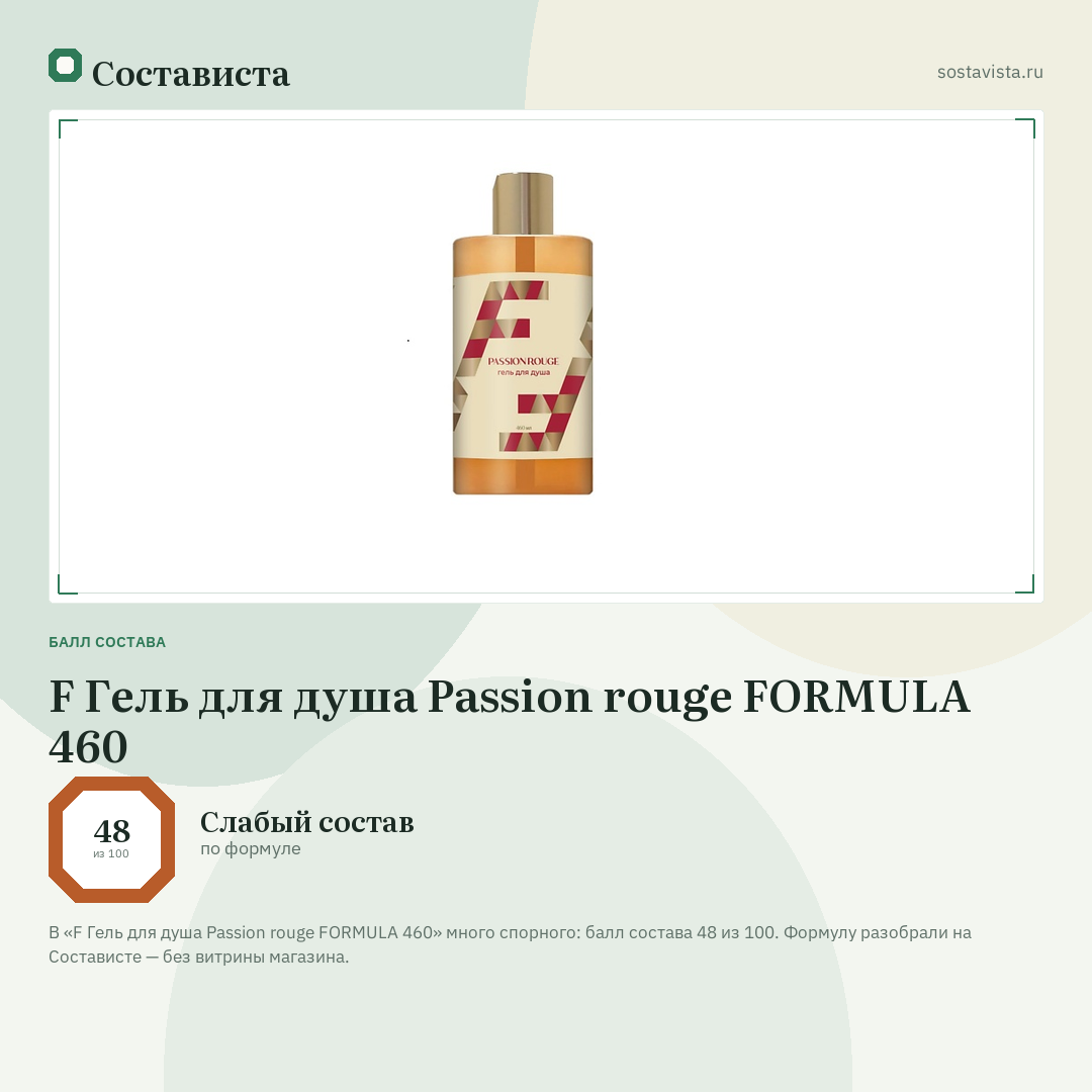 F Гель для душа Passion rouge FORMULA 460: балл состава 48 из 100 — Состависта