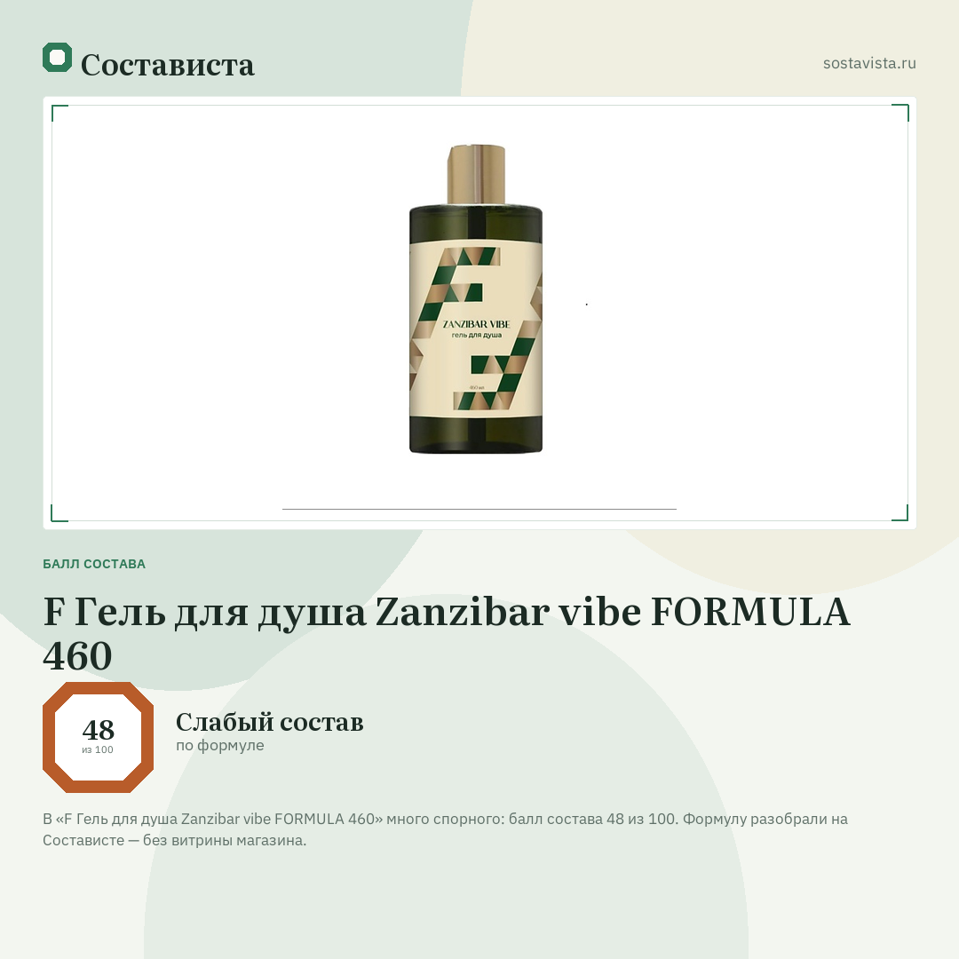 F Гель для душа Zanzibar vibe FORMULA 460: балл состава 48 из 100 — Состависта