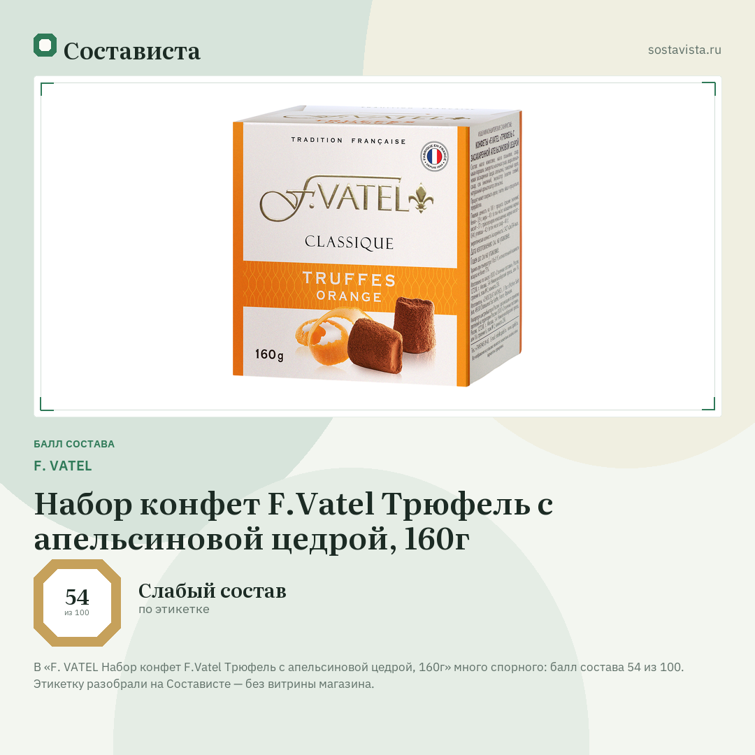 F. VATEL Набор конфет F.Vatel Трюфель с апельсиновой цедрой, 160г: балл состава 54 из 100 — Состависта