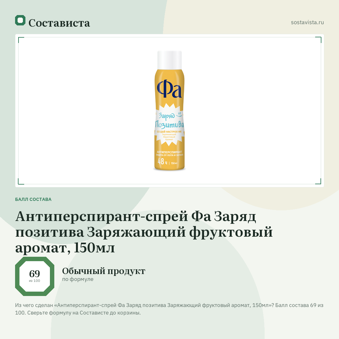 Антиперспирант-спрей Фа Заряд позитива Заряжающий фруктовый аромат, 150мл: балл состава 69 из 100 — Состависта