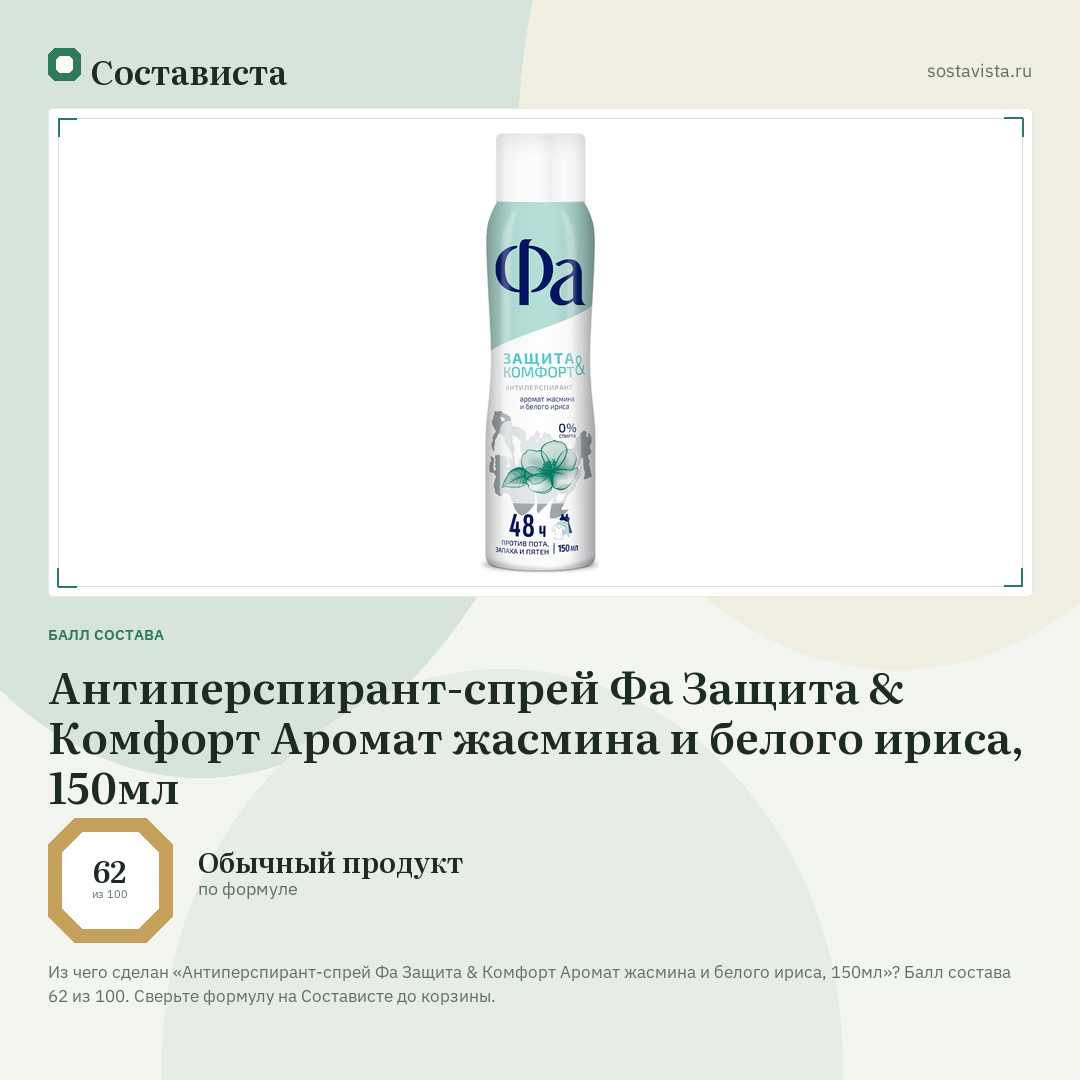 Антиперспирант-спрей Фа Защита & Комфорт Аромат жасмина и белого ириса, 150мл: балл состава 62 из 100 — Состависта