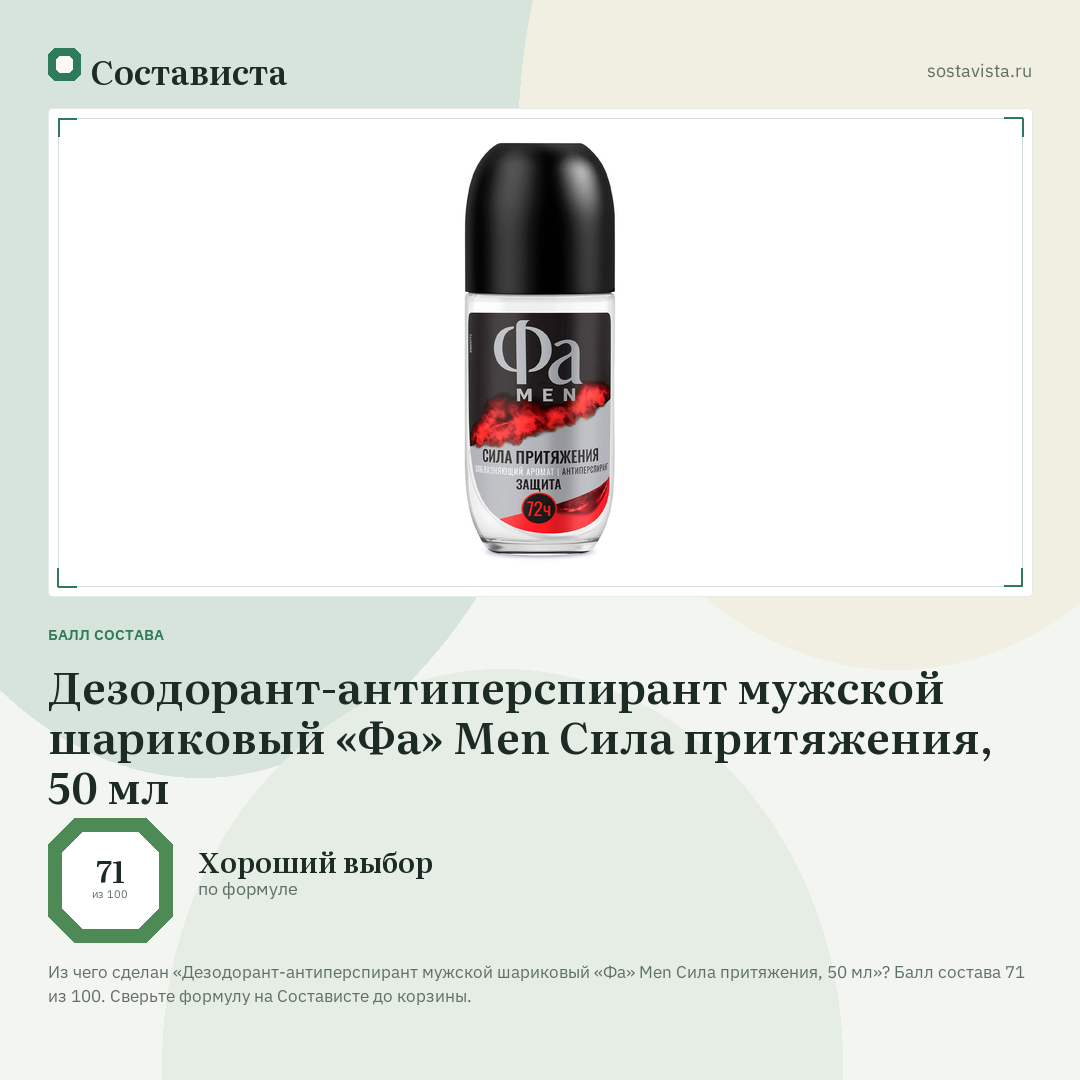 Дезодорант-антиперспирант мужской шариковый «Фа» Men Сила притяжения, 50 мл: балл состава 71 из 100 — Состависта