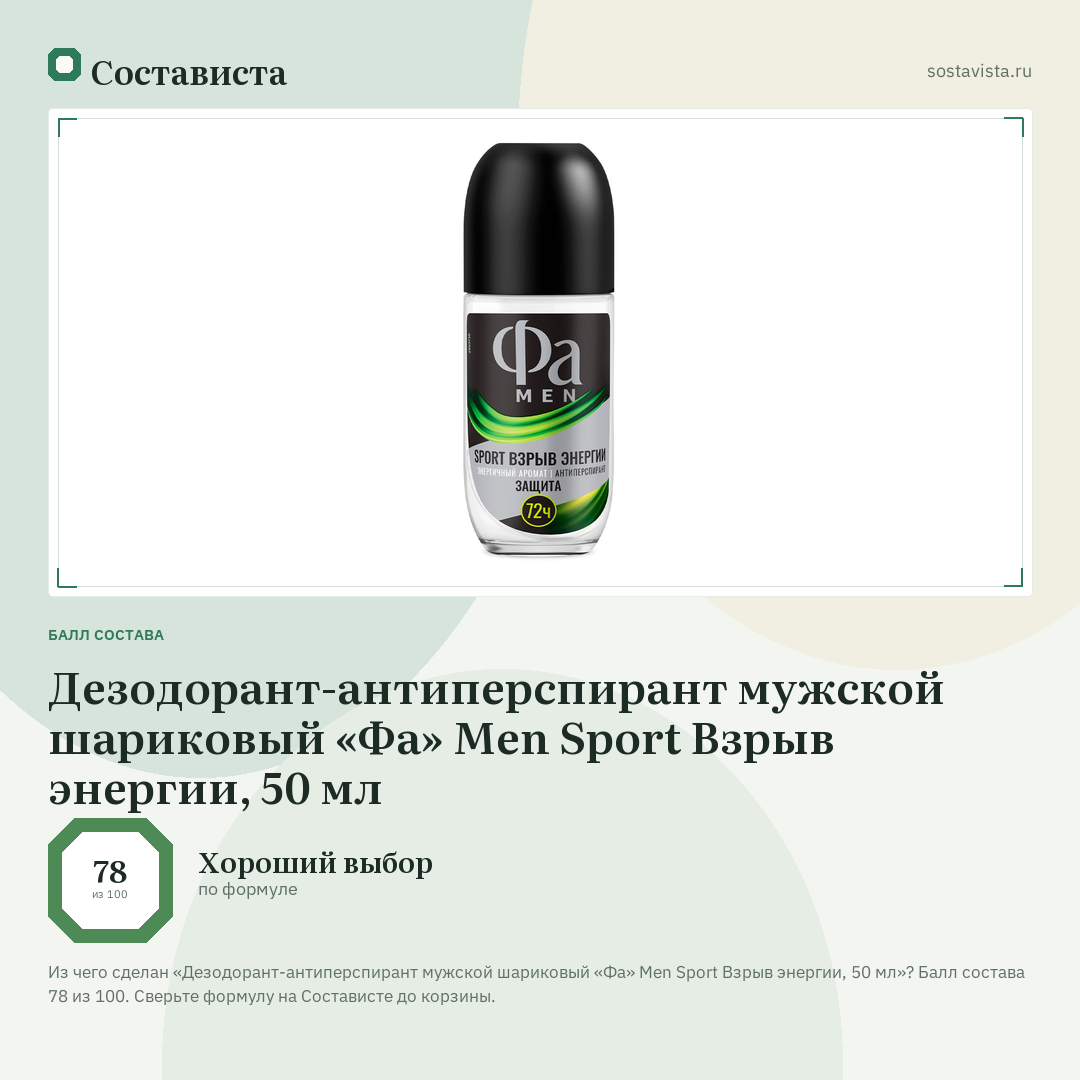 Дезодорант-антиперспирант мужской шариковый «Фа» Men Sport Взрыв энергии, 50 мл: балл состава 78 из 100 — Состависта