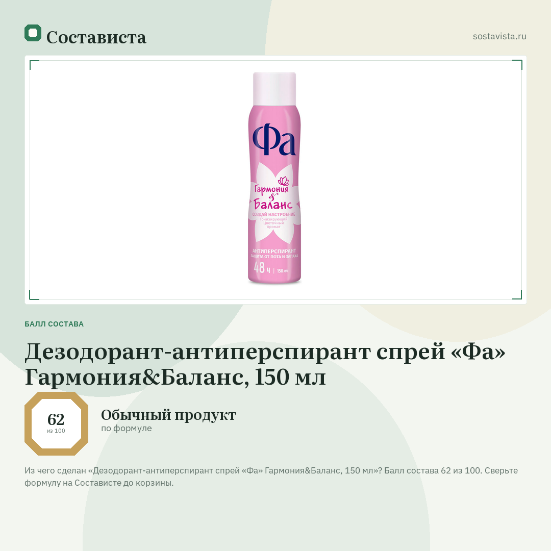 Дезодорант-антиперспирант спрей «Фа» Гармония&Баланс, 150 мл: балл состава 62 из 100 — Состависта