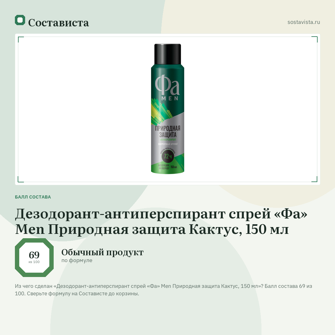 Дезодорант-антиперспирант спрей «Фа» Men Природная защита Кактус, 150 мл: балл состава 69 из 100 — Состависта