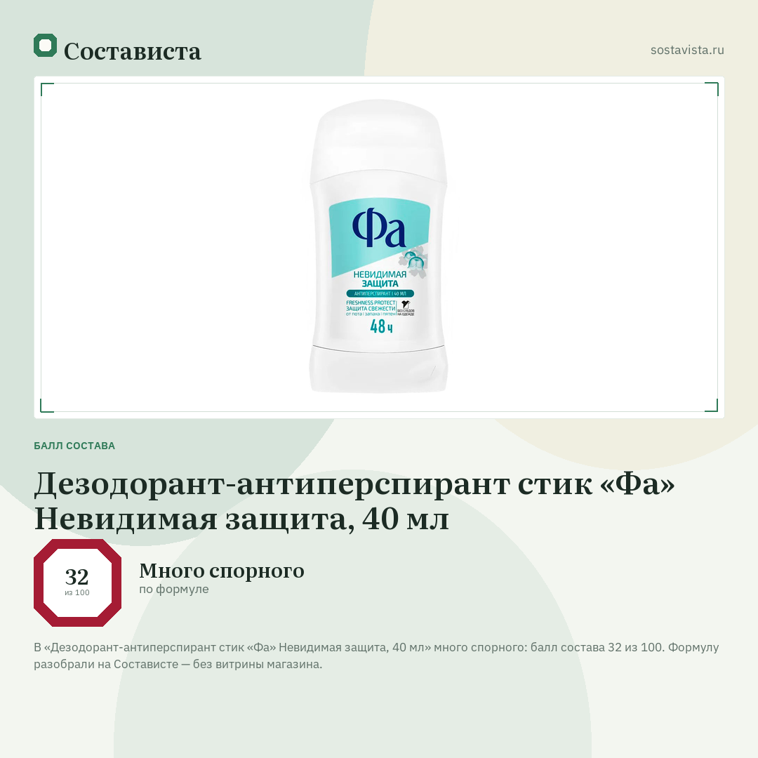 Дезодорант-антиперспирант стик «Фа» Невидимая защита, 40 мл: балл состава 32 из 100 — Состависта