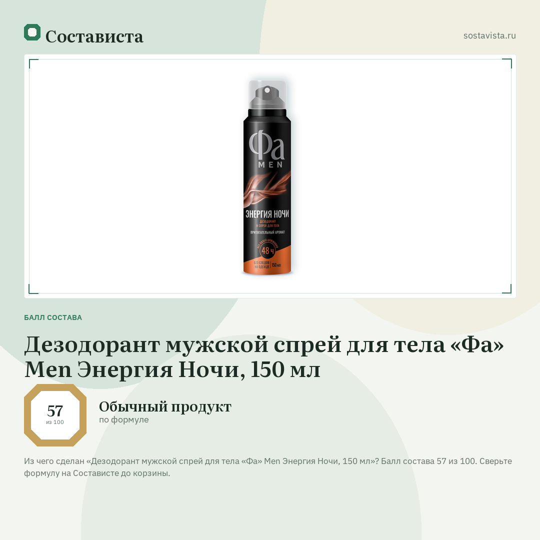 Дезодорант мужской спрей для тела «Фа» Men Энергия Ночи, 150 мл: балл состава 57 из 100 — Состависта