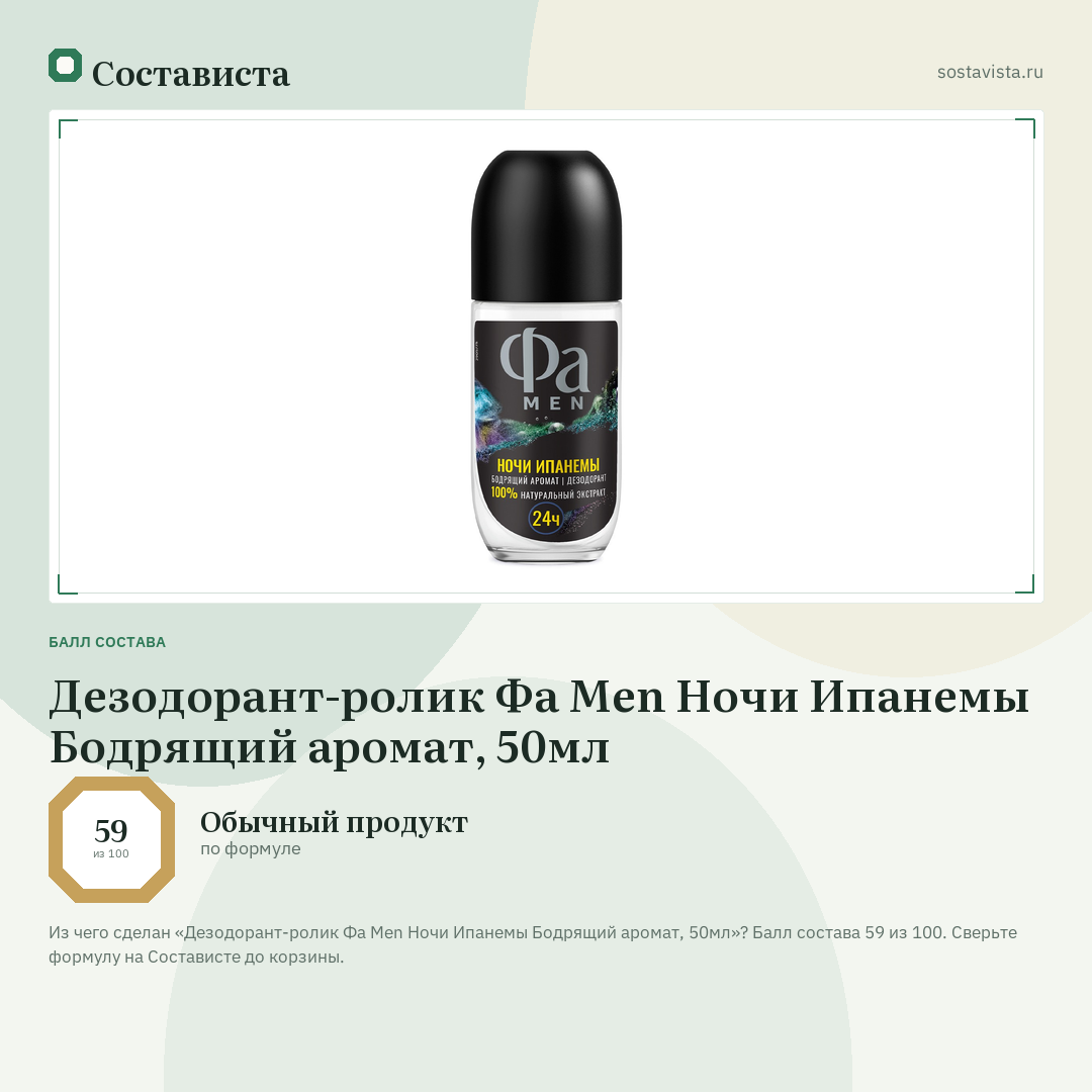 Дезодорант-ролик Фа Men Ночи Ипанемы Бодрящий аромат, 50мл: балл состава 59 из 100 — Состависта