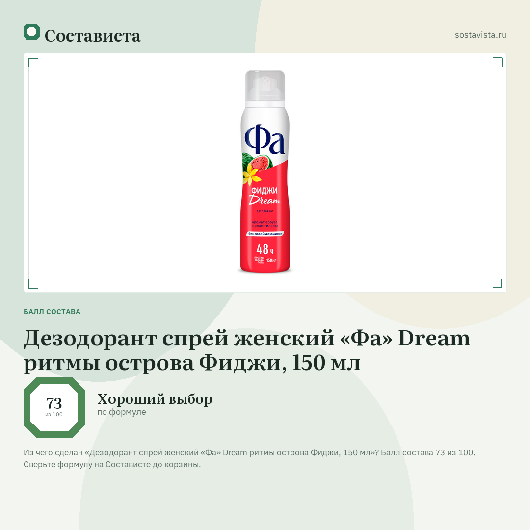 Дезодорант спрей женский «Фа» Dream ритмы острова Фиджи, 150 мл: балл состава 73 из 100 — Состависта
