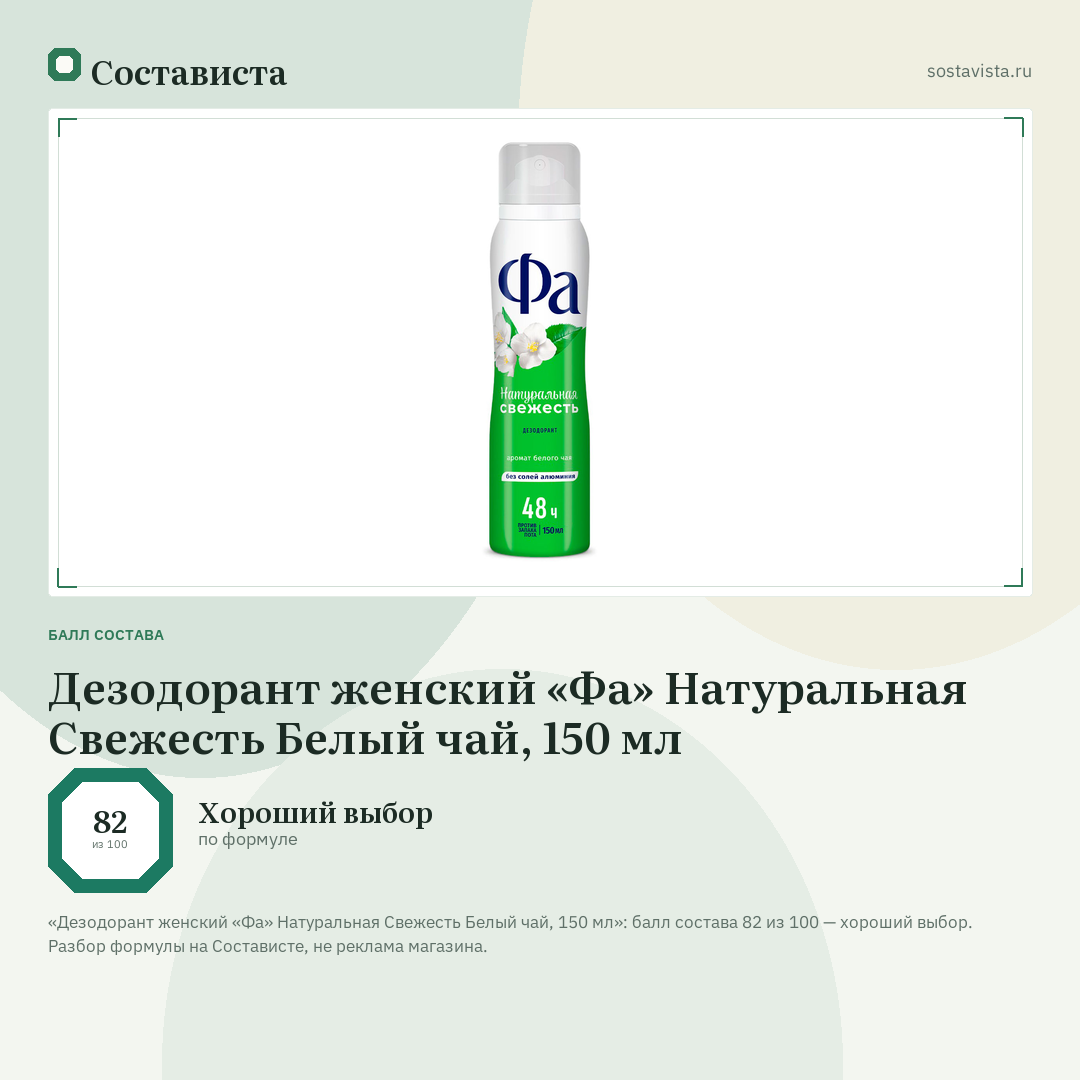 Дезодорант женский «Фа» Натуральная Свежесть Белый чай, 150 мл: балл состава 82 из 100 — Состависта