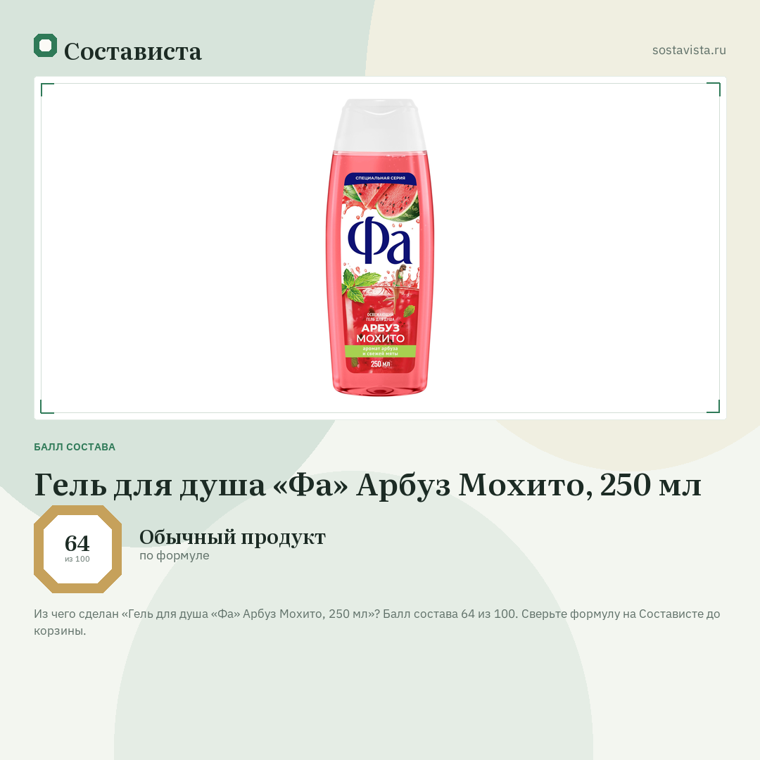 Гель для душа «Фа» Арбуз Мохито, 250 мл: балл состава 64 из 100 — Состависта