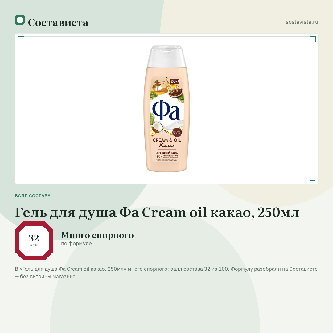 Гель для душа Фа Cream oil какао, 250мл: балл состава 32 из 100 — Состависта