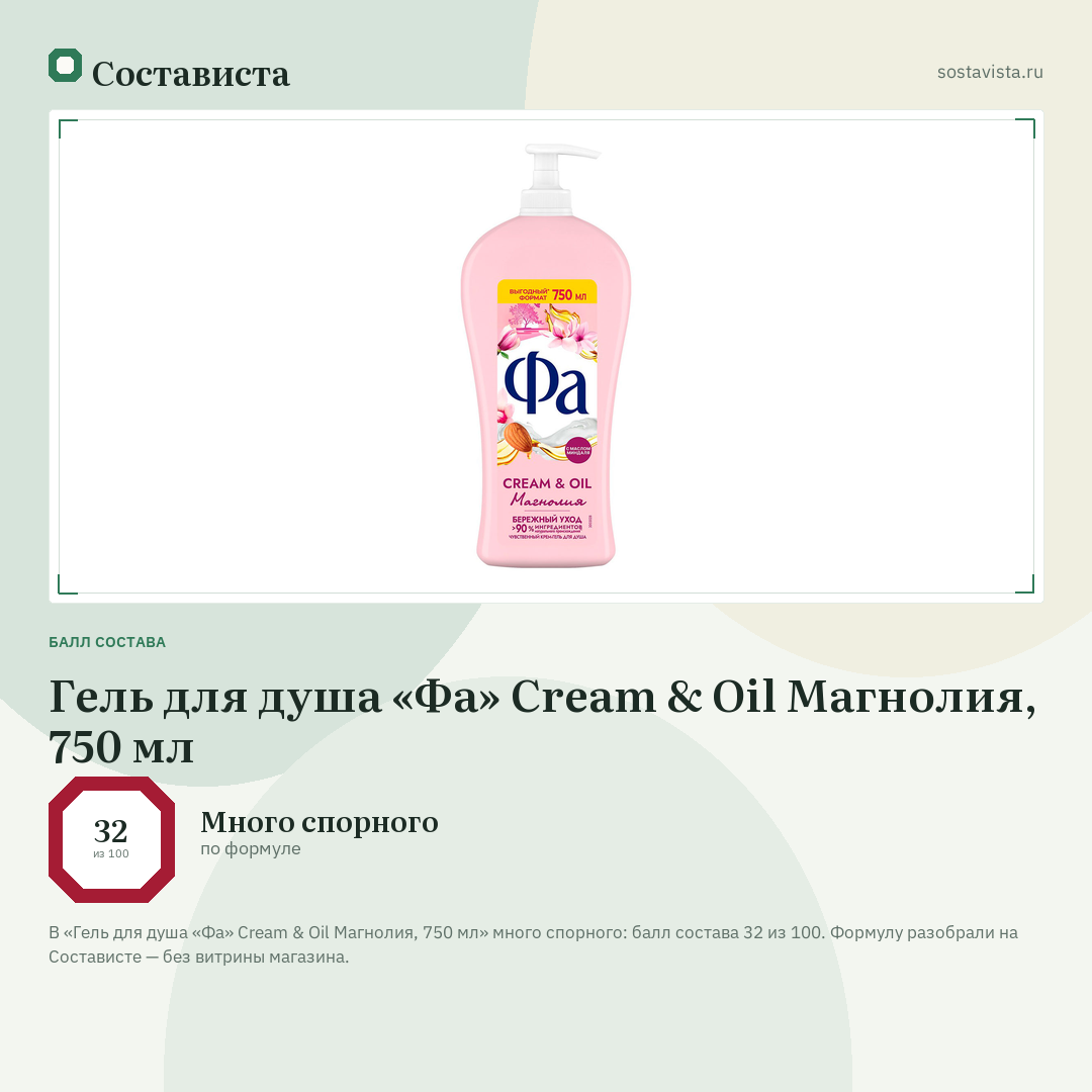Гель для душа «Фа» Cream & Oil Магнолия, 750 мл: балл состава 32 из 100 — Состависта