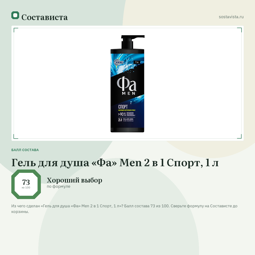 Гель для душа «Фа» Men 2 в 1 Спорт, 1 л: балл состава 73 из 100 — Состависта