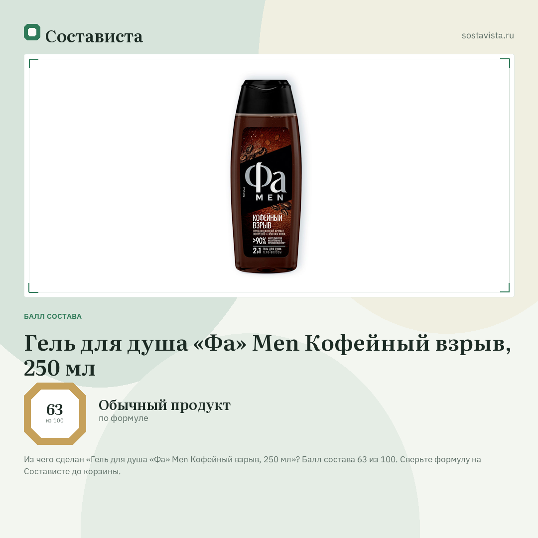 Гель для душа «Фа» Men Кофейный взрыв, 250 мл: балл состава 63 из 100 — Состависта