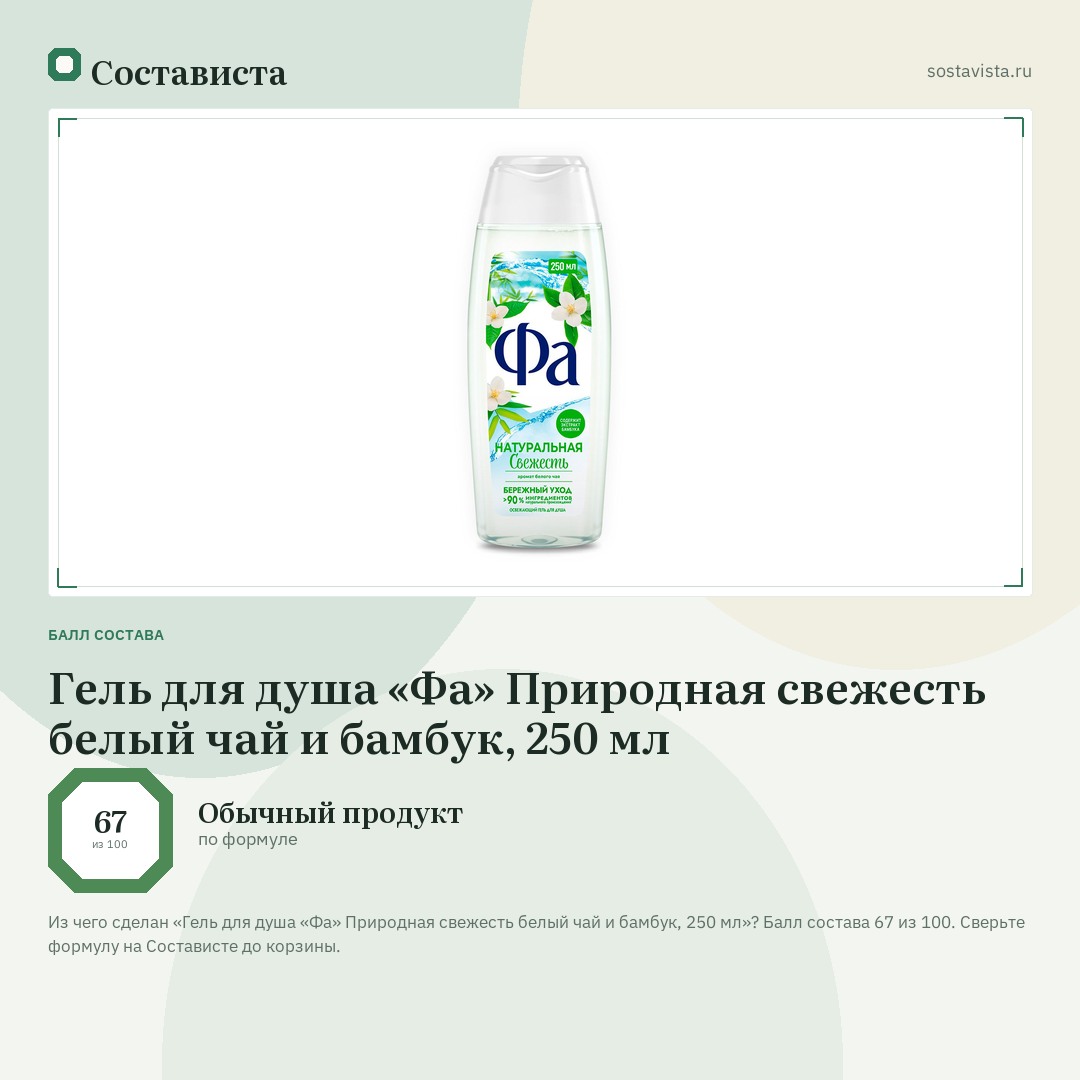 Гель для душа «Фа» Природная свежесть белый чай и бамбук, 250 мл: балл состава 67 из 100 — Состависта