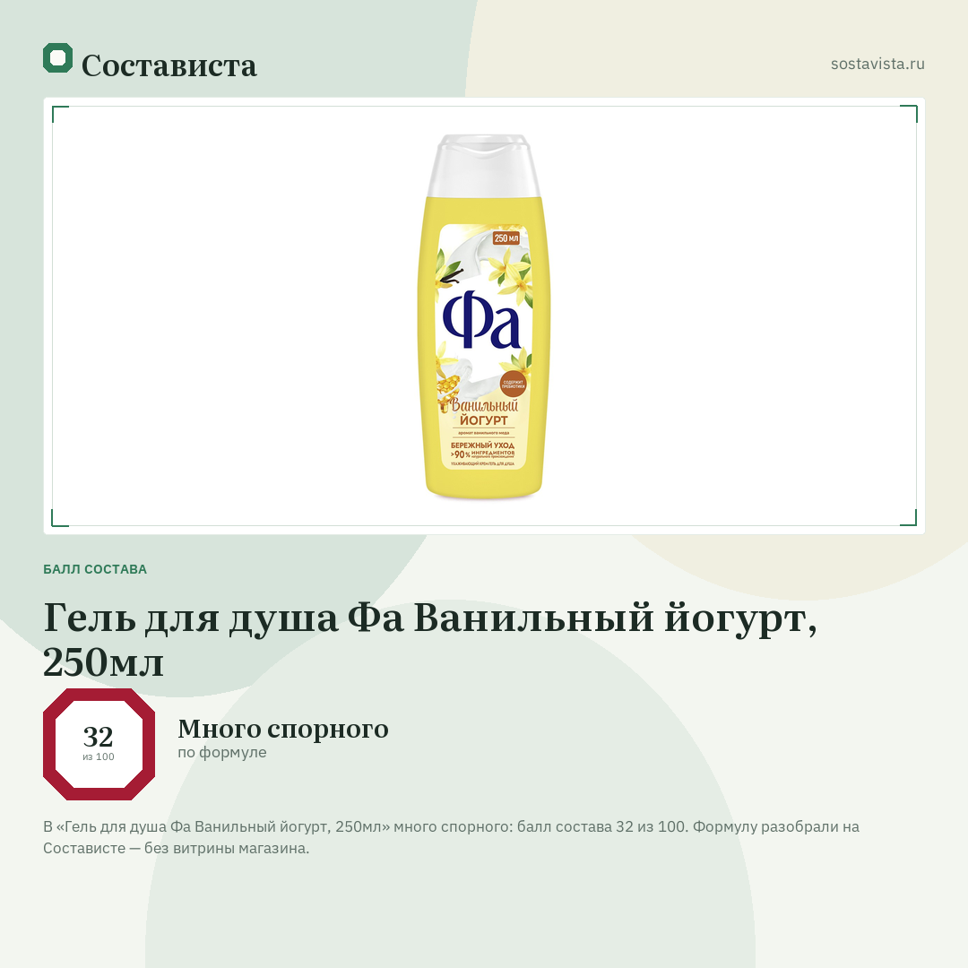 Гель для душа Фа Ванильный йогурт, 250мл: балл состава 32 из 100 — Состависта