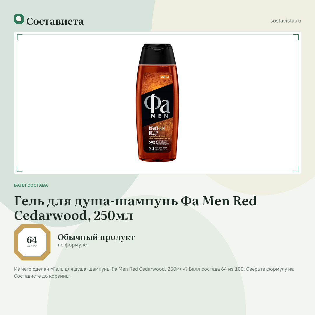 Гель для душа-шампунь Фа Men Red Cedarwood, 250мл: балл состава 64 из 100 — Состависта