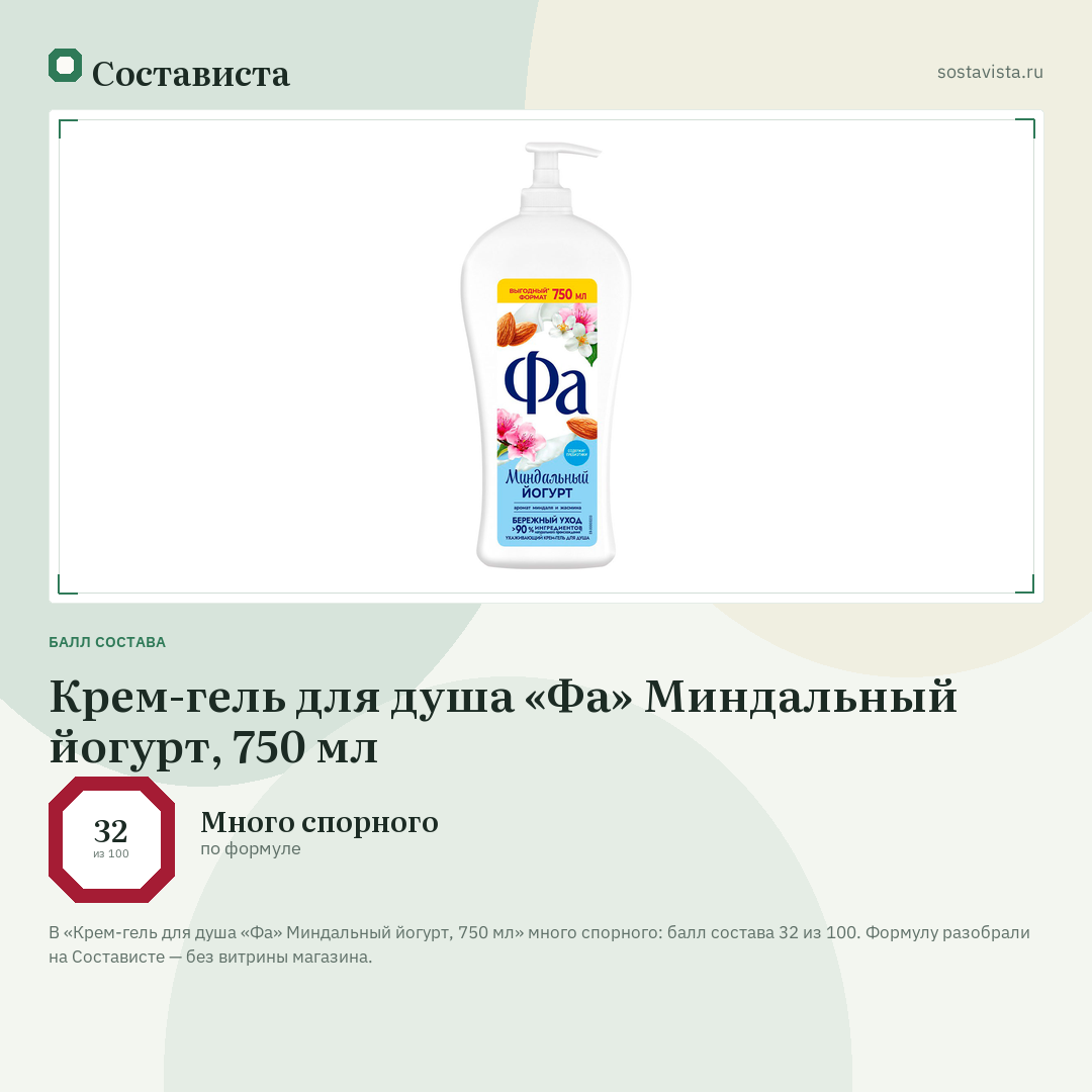 Крем-гель для душа «Фа» Миндальный йогурт, 750 мл: балл состава 32 из 100 — Состависта
