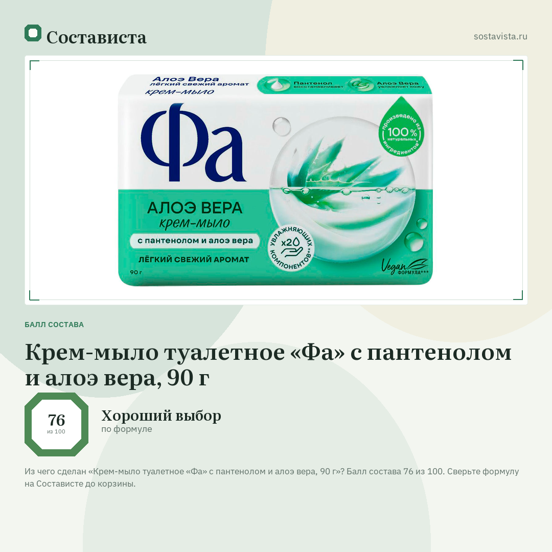 Крем-мыло туалетное «Фа» с пантенолом и алоэ вера, 90 г: балл состава 76 из 100 — Состависта