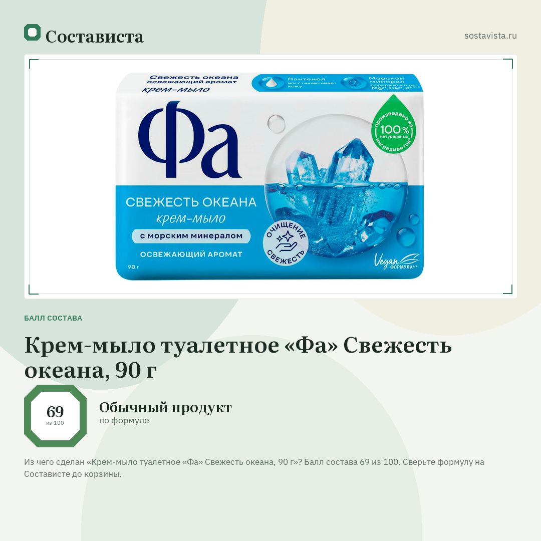 Крем-мыло туалетное «Фа» Свежесть океана, 90 г: балл состава 69 из 100 — Состависта