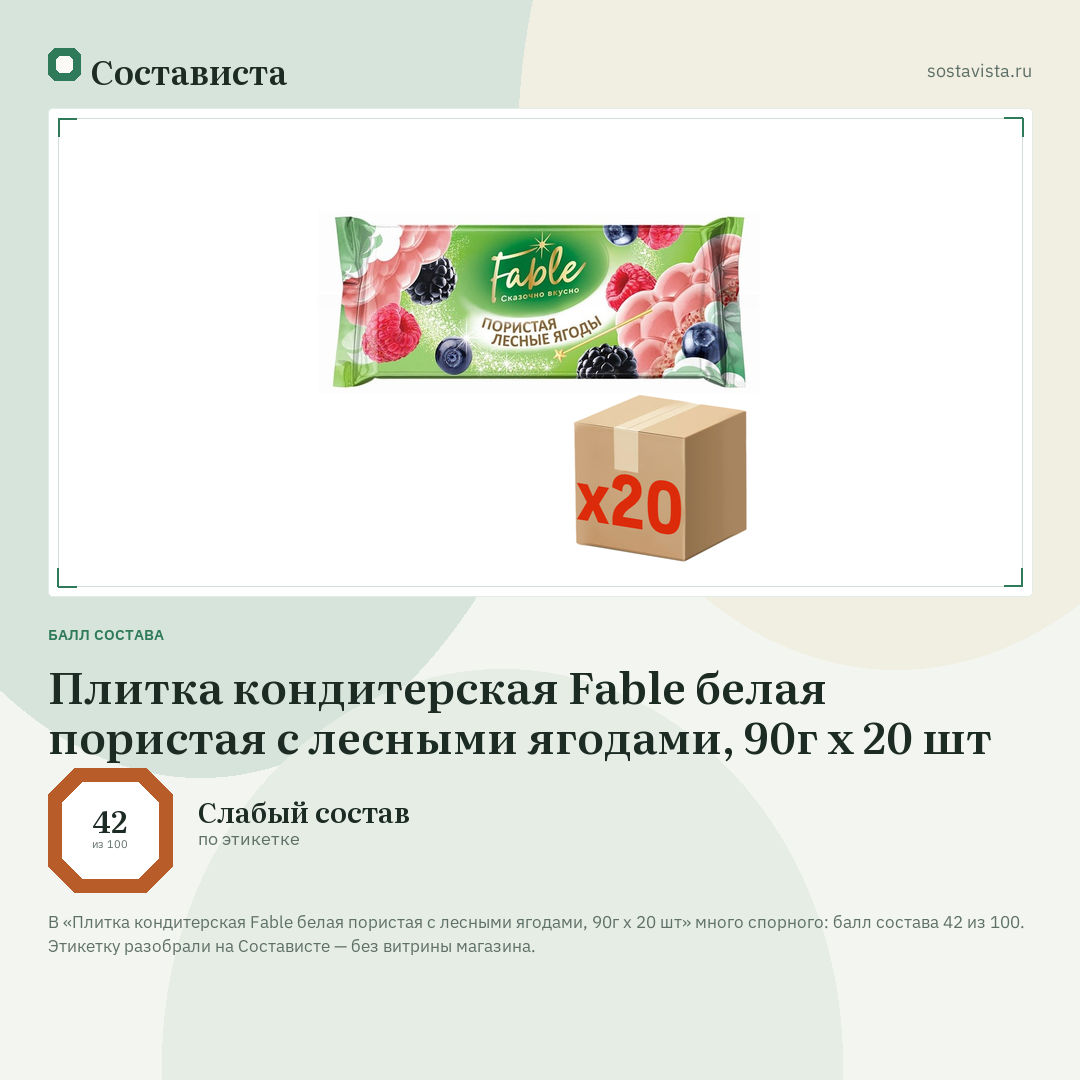 Плитка кондитерская Fable белая пористая с лесными ягодами, 90г x 20 шт: балл состава 42 из 100 — Состависта