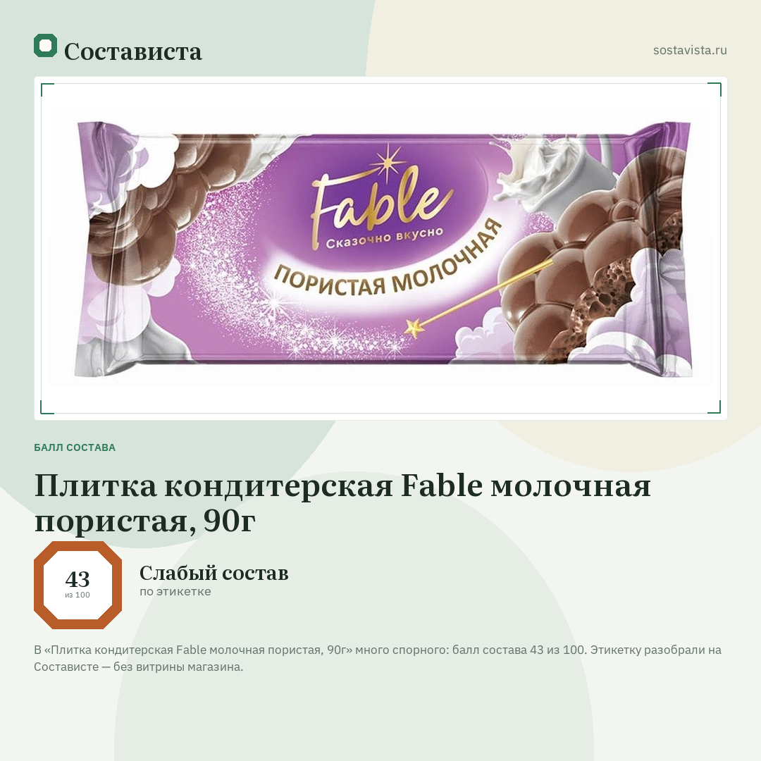Плитка кондитерская Fable молочная пористая, 90г: балл состава 43 из 100 — Состависта