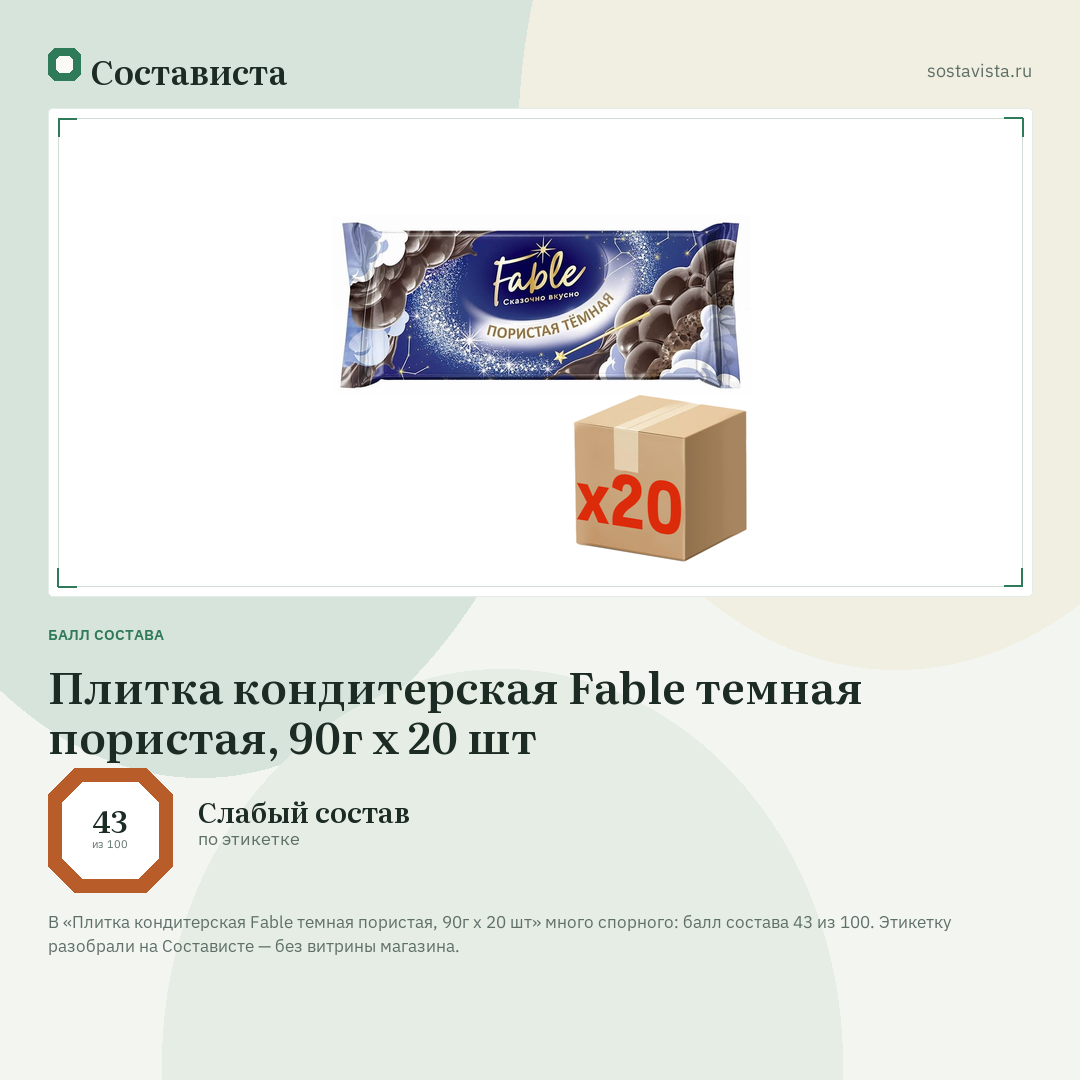 Плитка кондитерская Fable темная пористая, 90г x 20 шт: балл состава 43 из 100 — Состависта