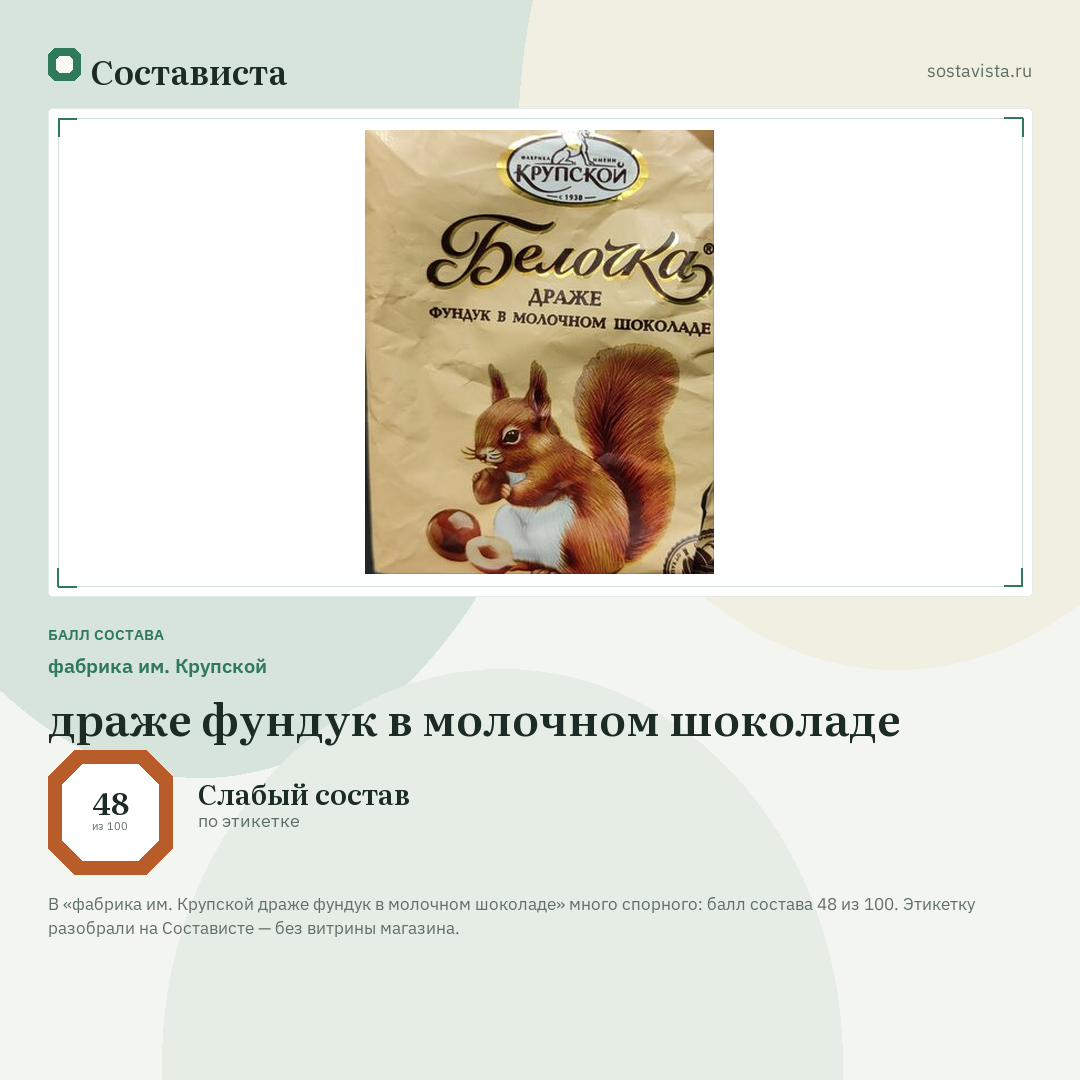 фабрика им. Крупской драже фундук в молочном шоколаде: балл состава 48 из 100 — Состависта