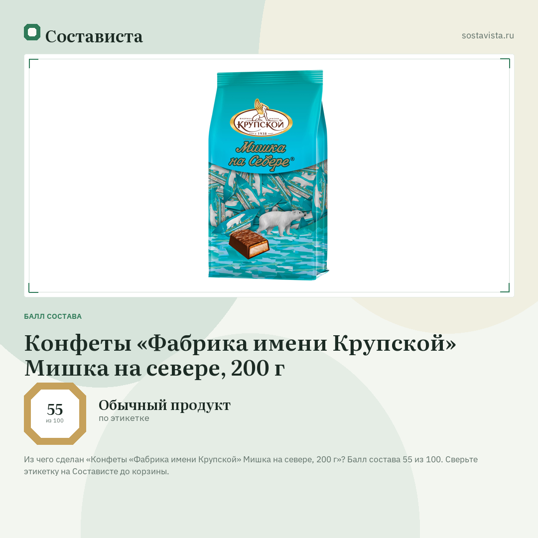 Конфеты «Фабрика имени Крупской» Мишка на севере, 200 г: балл состава 55 из 100 — Состависта