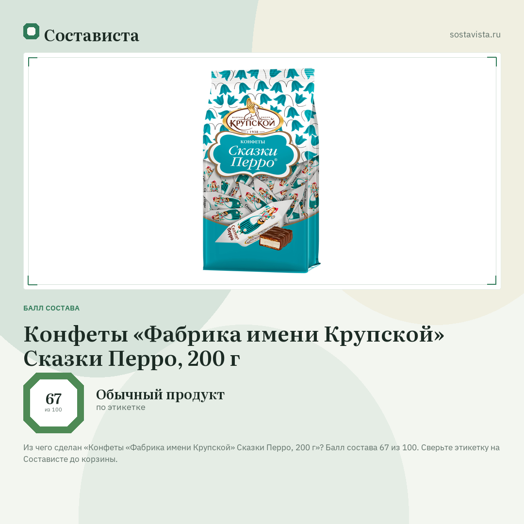 Конфеты «Фабрика имени Крупской» Сказки Перро, 200 г: балл состава 67 из 100 — Состависта