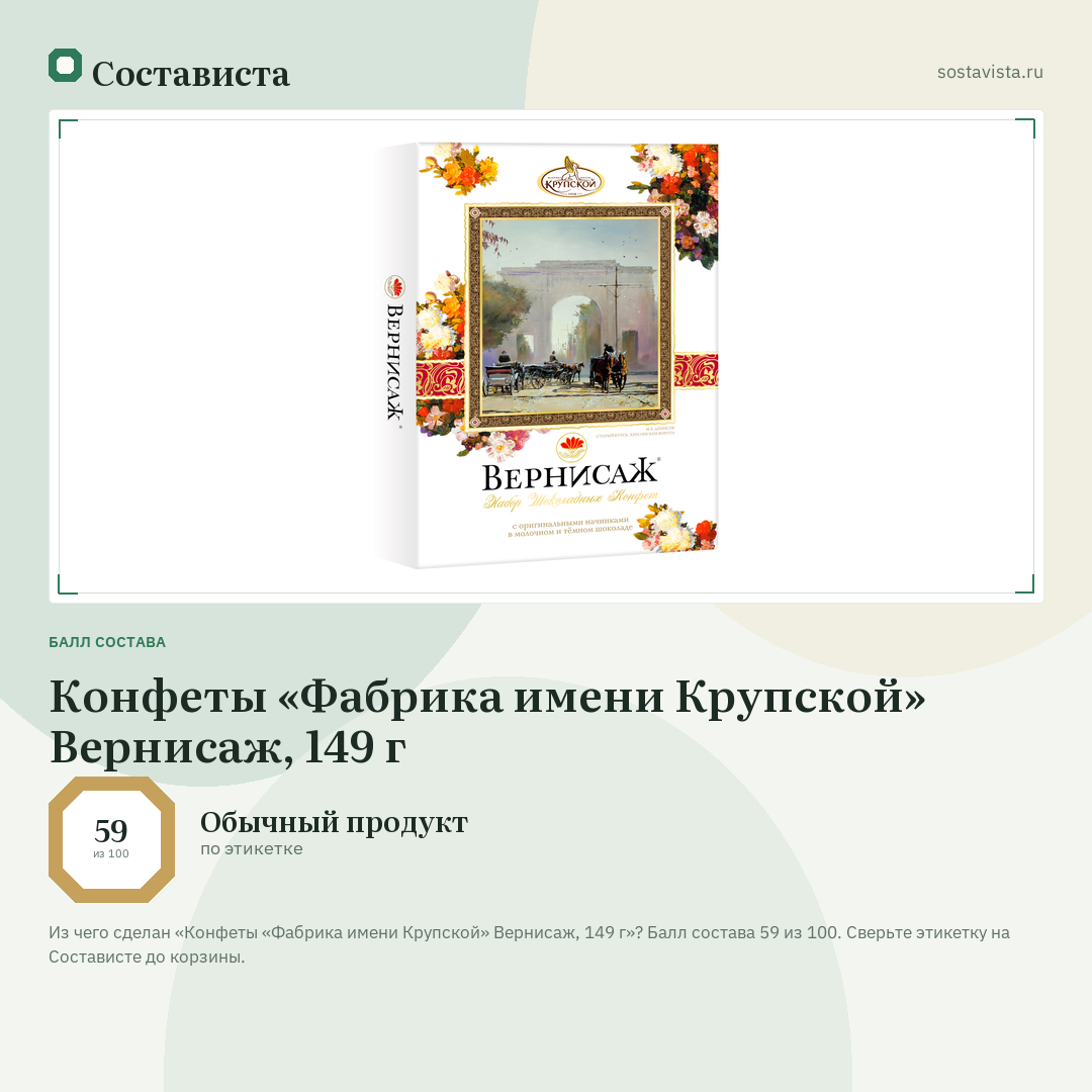 Конфеты «Фабрика имени Крупской» Вернисаж, 149 г: балл состава 59 из 100 — Состависта