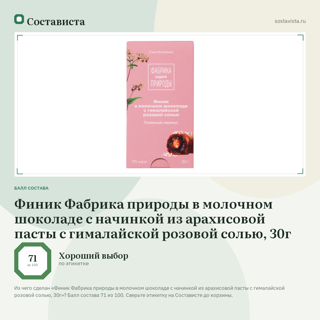 Финик Фабрика природы в молочном шоколаде с начинкой из арахисовой пасты с гималайской розовой солью, 30г: балл состава 71 из 100 — Состависта