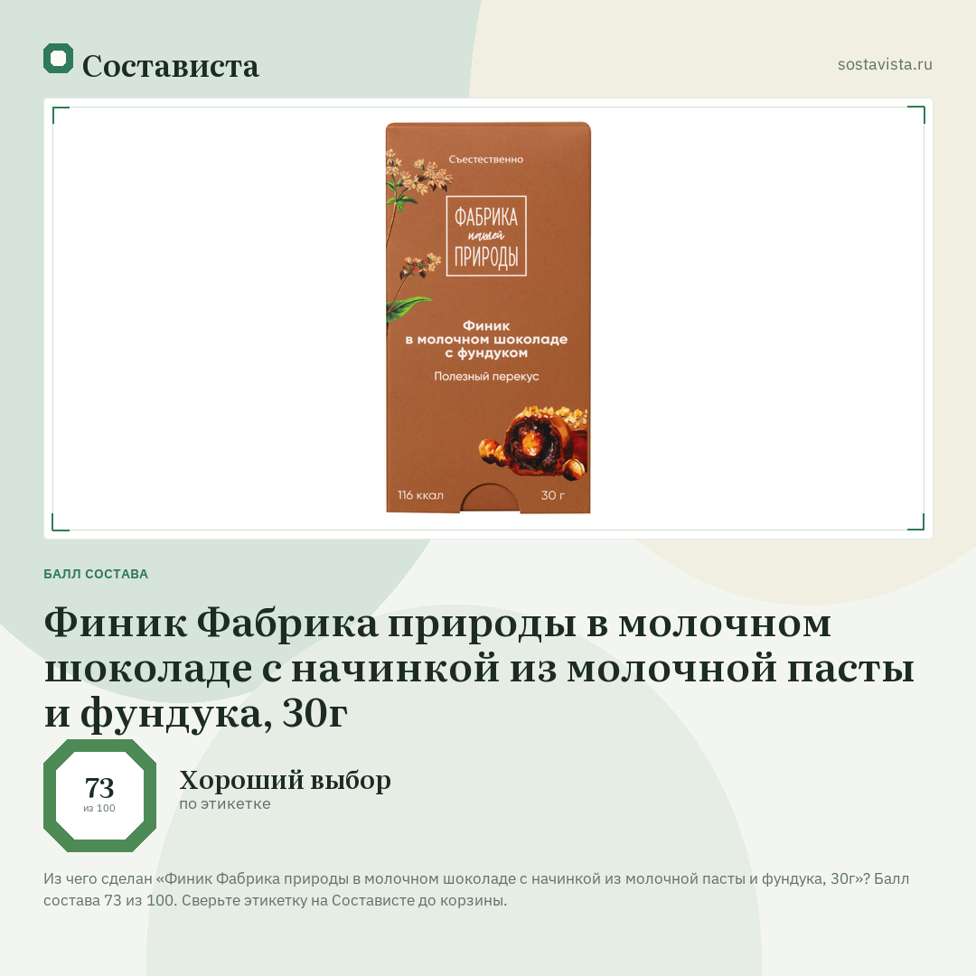 Финик Фабрика природы в молочном шоколаде с начинкой из молочной пасты и фундука, 30г: балл состава 73 из 100 — Состависта