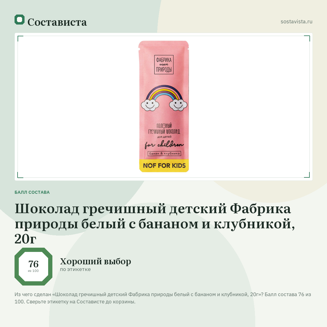Шоколад гречишный детский Фабрика природы белый с бананом и клубникой, 20г: балл состава 76 из 100 — Состависта