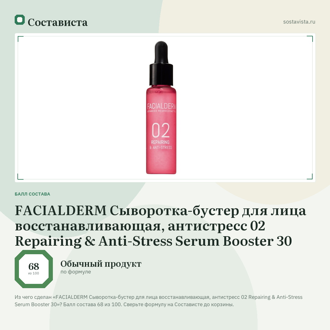 FACIALDERM Сыворотка-бустер для лица восстанавливающая, антистресс 02 Repairing & Anti-Stress Serum Booster 30: балл состава 68 из 100 — Состависта