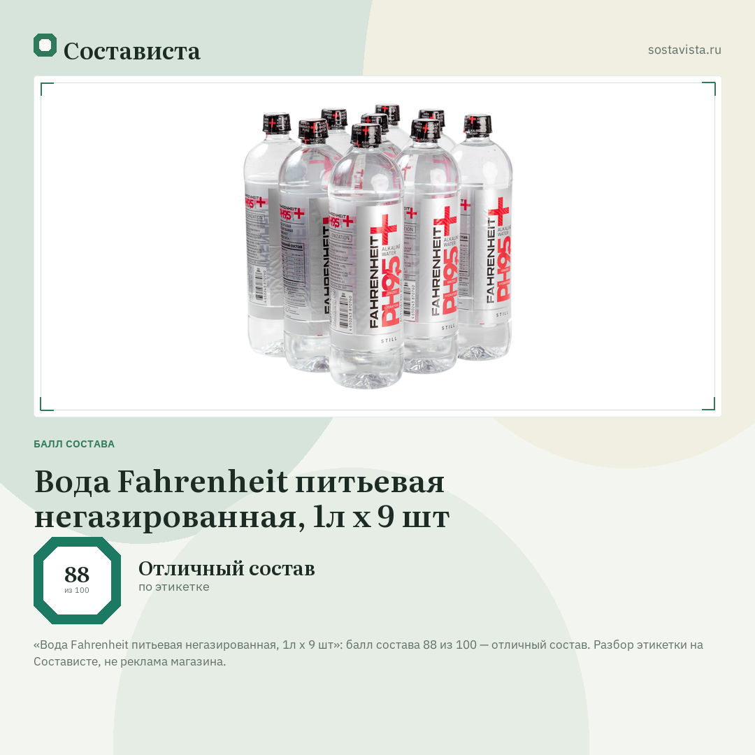 Вода Fahrenheit питьевая негазированная, 1л x 9 шт: балл состава 88 из 100 — Состависта
