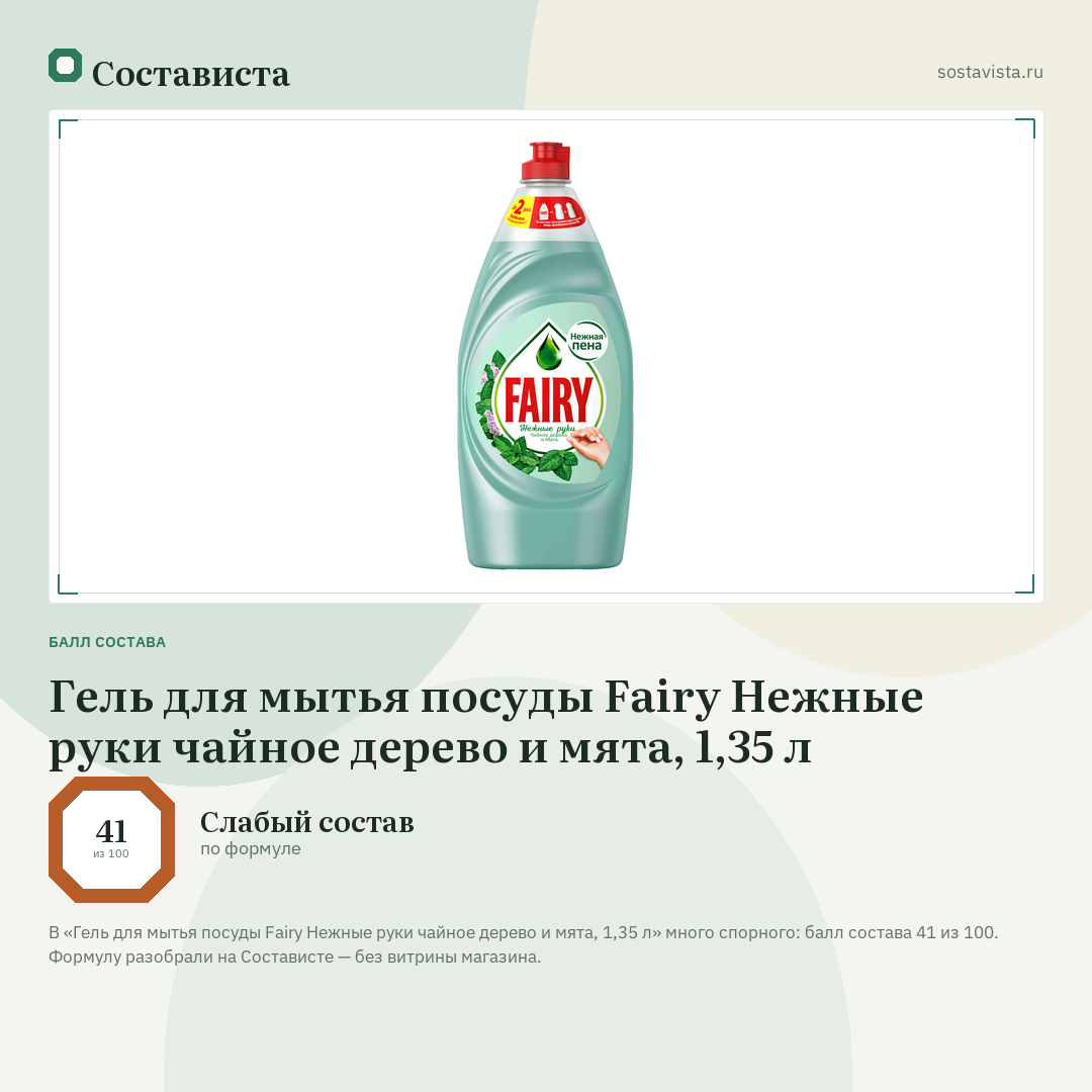Гель для мытья посуды Fairy Нежные руки чайное дерево и мята, 1,35 л: балл состава 41 из 100 — Состависта