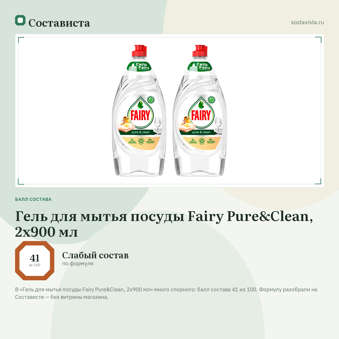 Гель для мытья посуды Fairy Pure&Clean, 2х900 мл: балл состава 41 из 100 — Состависта