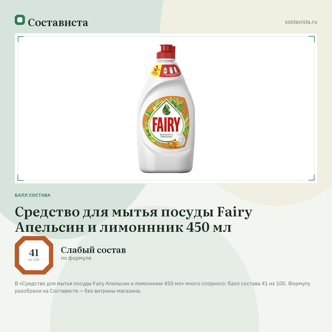 Средство для мытья посуды Fairy Апельсин и лимоннник 450 мл: балл состава 41 из 100 — Состависта