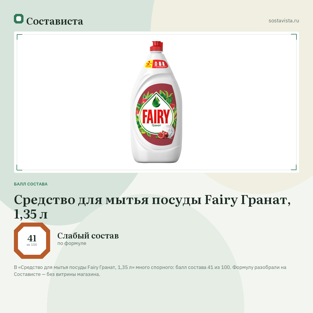 Средство для мытья посуды Fairy Гранат, 1,35 л: балл состава 41 из 100 — Состависта