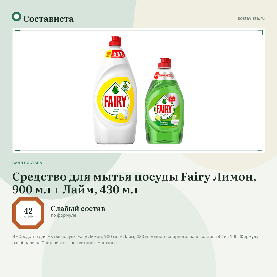 Средство для мытья посуды Fairy Лимон, 900 мл + Лайм, 430 мл: балл состава 42 из 100 — Состависта