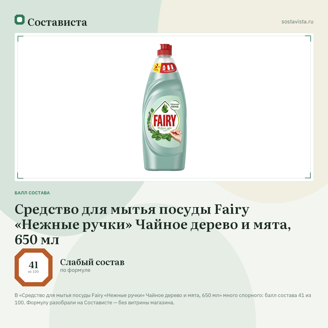 Средство для мытья посуды Fairy «Нежные ручки» Чайное дерево и мята, 650 мл: балл состава 41 из 100 — Состависта