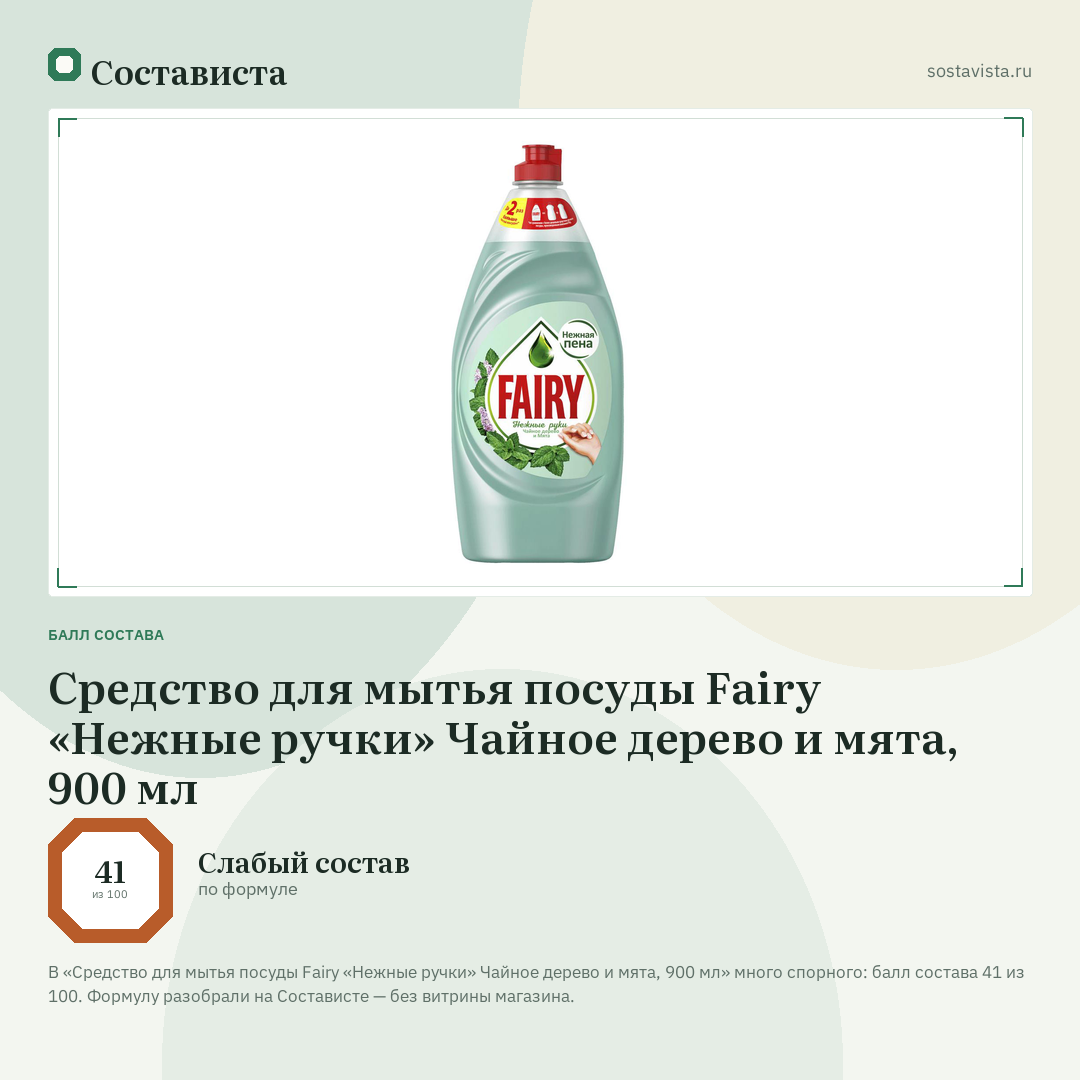Средство для мытья посуды Fairy «Нежные ручки» Чайное дерево и мята, 900 мл: балл состава 41 из 100 — Состависта