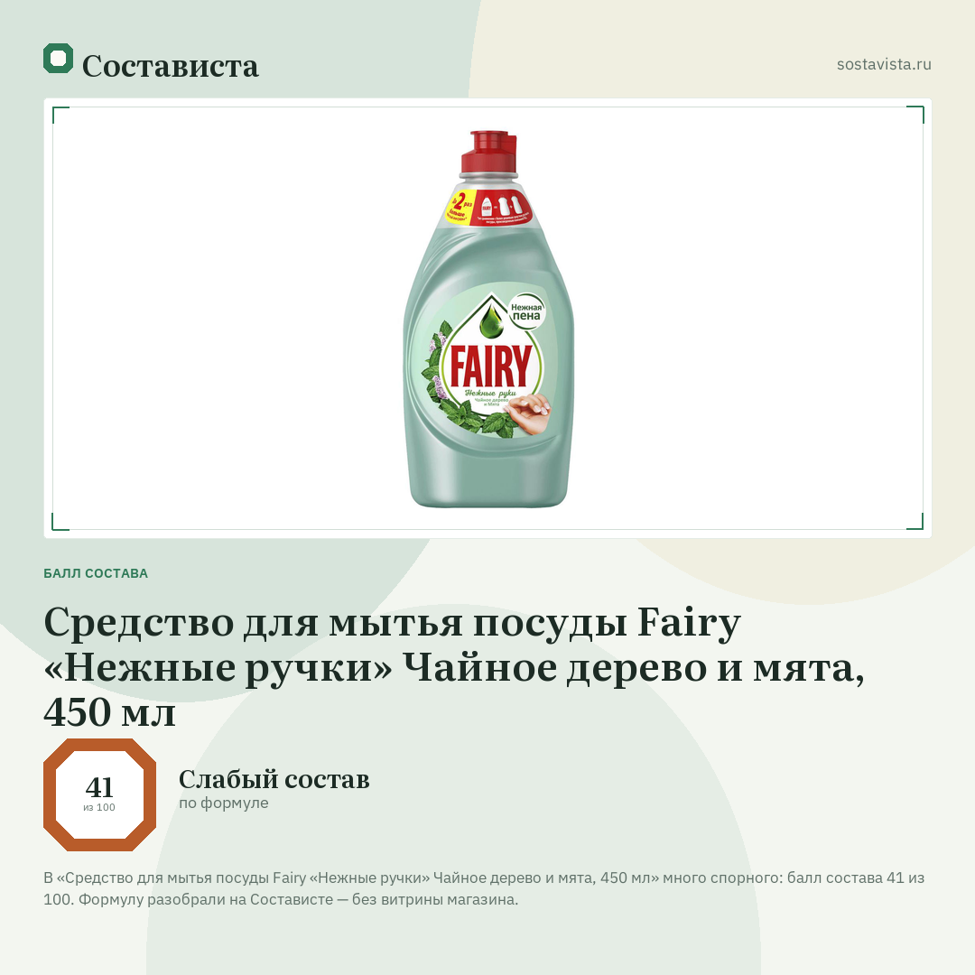 Средство для мытья посуды Fairy «Нежные ручки» Чайное дерево и мята, 450 мл: балл состава 41 из 100 — Состависта