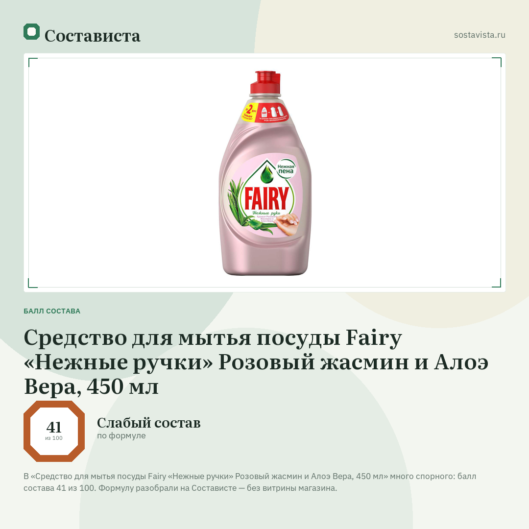 Средство для мытья посуды Fairy «Нежные ручки» Розовый жасмин и Алоэ Вера, 450 мл: балл состава 41 из 100 — Состависта