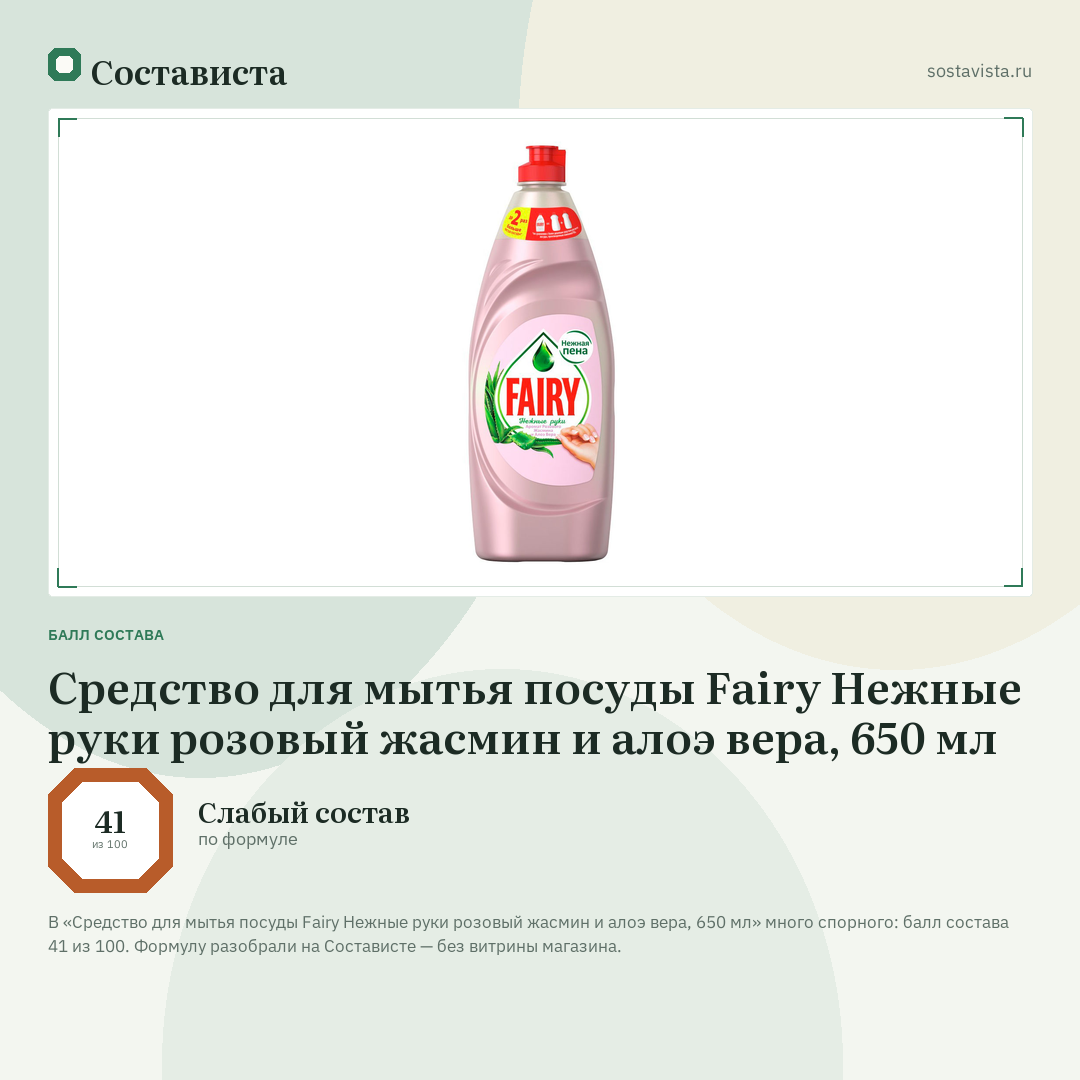 Средство для мытья посуды Fairy Нежные руки розовый жасмин и алоэ вера, 650 мл: балл состава 41 из 100 — Состависта