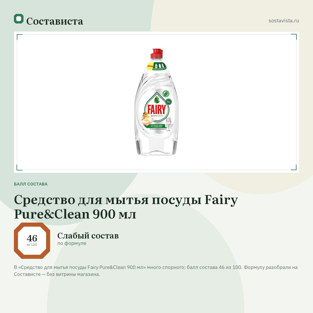 Средство для мытья посуды Fairy Pure&Clean 900 мл: балл состава 46 из 100 — Состависта