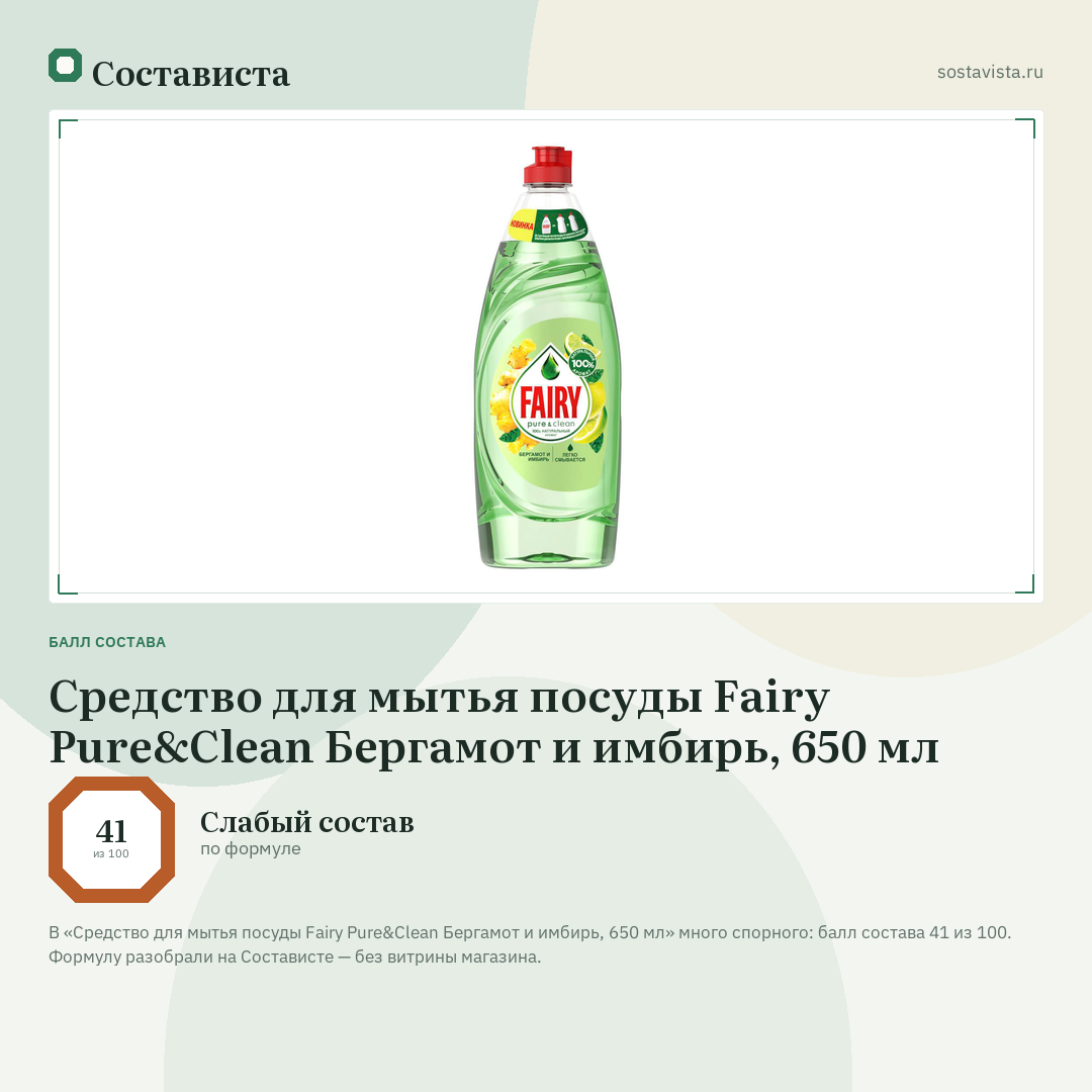 Средство для мытья посуды Fairy Pure&Clean Бергамот и имбирь, 650 мл: балл состава 41 из 100 — Состависта