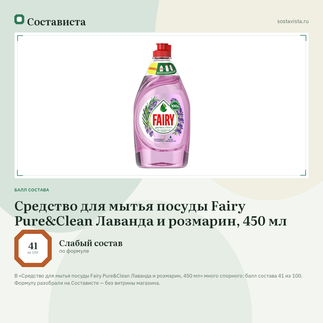 Средство для мытья посуды Fairy Pure&Clean Лаванда и розмарин, 450 мл: балл состава 41 из 100 — Состависта